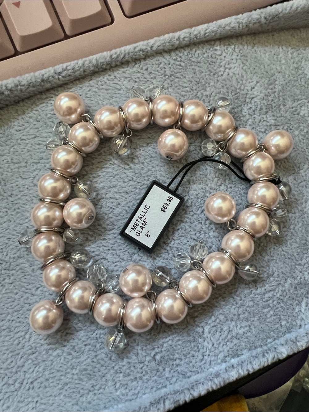 Metallic Blush Pearl Stretch Bracelet with Crystal Drops